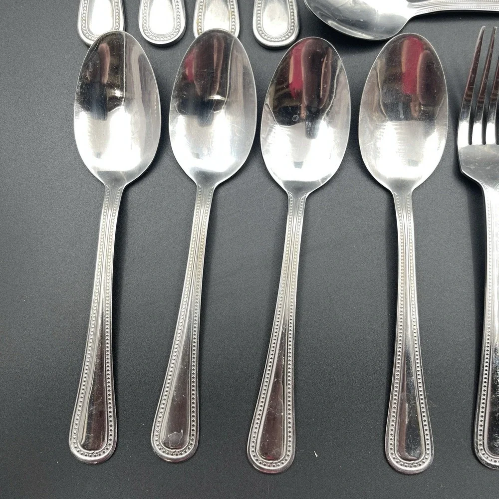 Pfaltzgraff Pearl Stainless Flatware Lot 18 Pieces Beaded Discontinued
